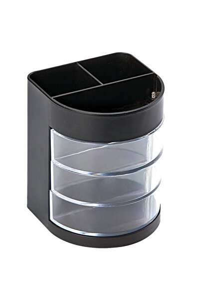 Choice حامل أقلام أسود مكون من قطعة واحدة مع 3 أدراج مقوسة دوارة وحامل أقلام مكون من 3 أقسام لتخزين سطح المكتب والمدرسة