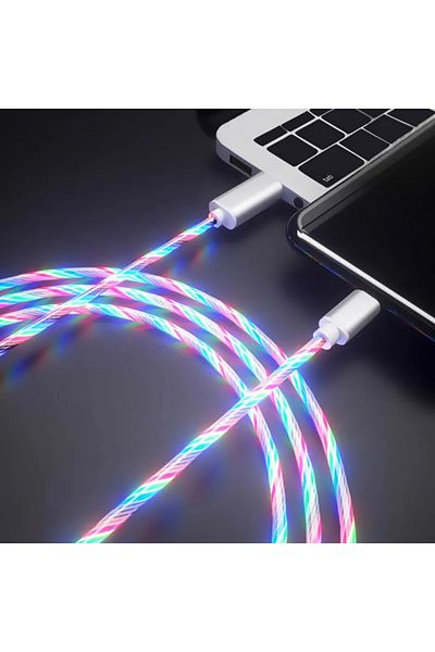 Choice كابل Type C-1m أبيض 2.4a متوهج من النوع C لهاتف Iphone 14 13 Pro Max مزود بإضاءة LED وشحن سريع من Micro USB