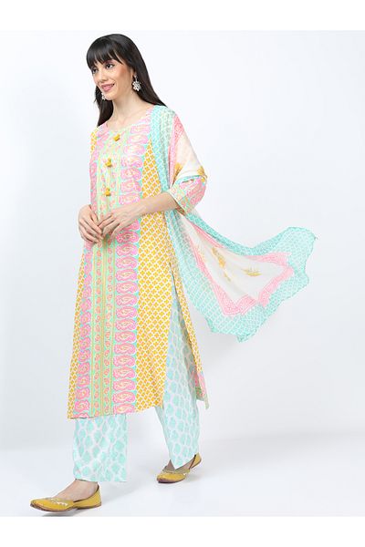 Vishudh By Styli Pack of 3 - Paisley Print Kurta, Palazzos & Dupatta