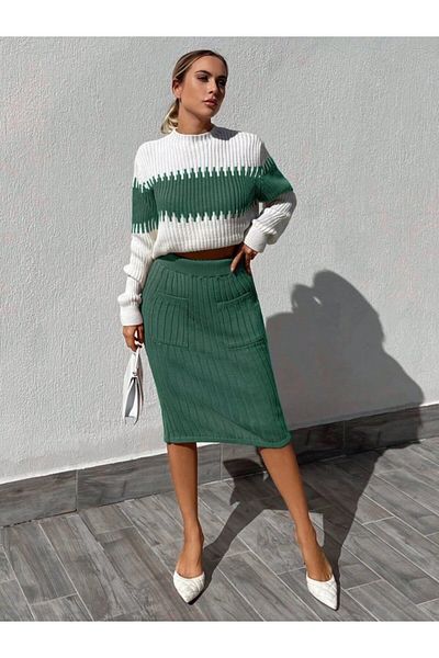 Moka Shopin Mokashopin Women's Long Sleeve Knitwear Skirt Suit