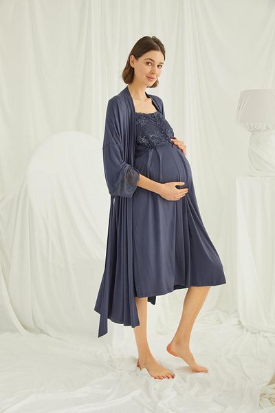 MONAMİSE Navy Blue Lace Buttoned Maternity-Puerperal Nightgown Dressing Gown Set