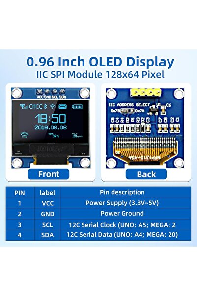 Choice blue 0.96 Inch OLED Display Module, 128x64 Pixel I2C SSD1306 Luminous OLED Screen Board Compatible w