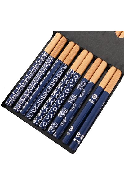 Choice 5pairs Blue Reusable 5pairs Tableware Handmade Bamboo Japanese Natural Wood Chopsticks Sushi Food Ca