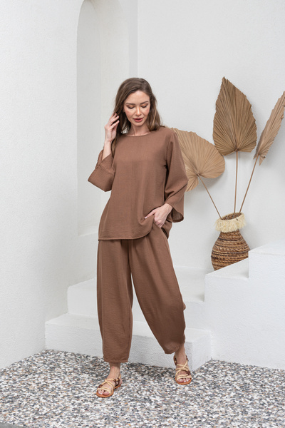 KÜÇÜĞÜM BUTİK Women's Brown Cotton Loose Linen Trousers