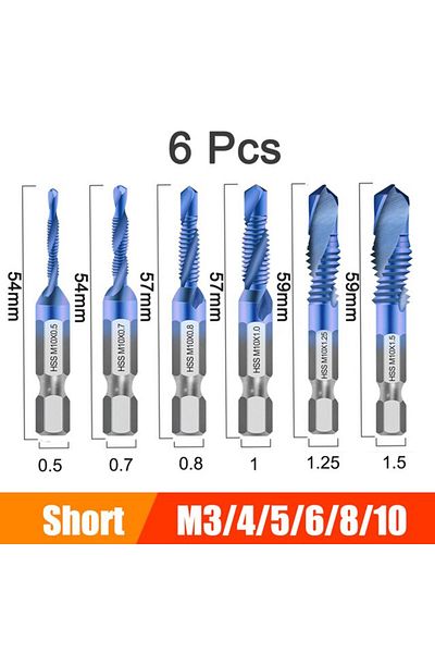 DIZAINLIFE As Picture 6pcs M3m10 Screw Tap Drill Bits Hss Tap Counter Sink Deburr Metric High Speed Steel 1/4 I