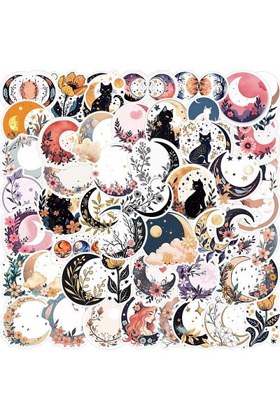 Choice 50pcs 50pcs Cartoon Moon With Flower And Cat Stickers For Kids Bedroom Luggage Decals Scrapbook Stat