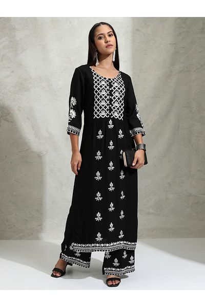 Vishudh By Styli Floral Embroidered Thread Work Straight Kurta & Palazzos Set