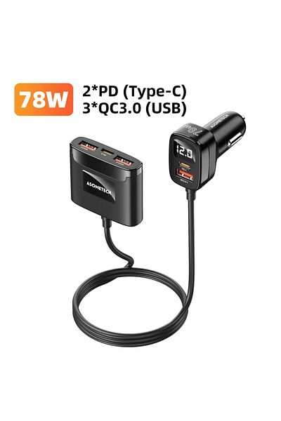 ASOMETECH شاحن سيارة يو إس بي أسود بقوة 78 وات و5 منافذ Qc3.0 Pd3.0 SCP USB Type C سريع الشحن لأجهزة آيفون وسامسونج