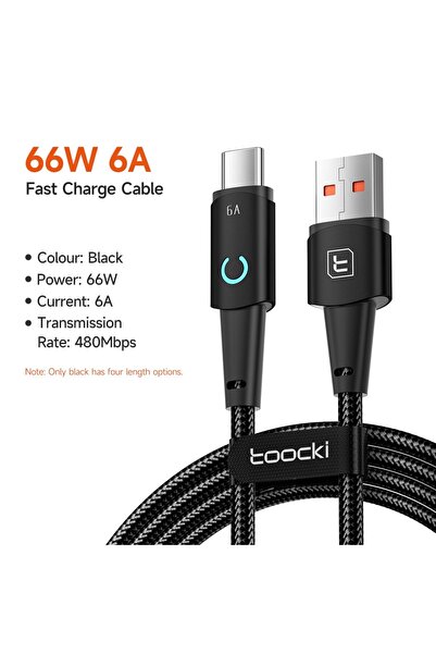 Choice 1 متر أسود USB C 6A Toocki USB A إلى Type C أو Lightning لهاتف iPhone 14 13 12 Pro Max 8 7 plus Xiaomi L