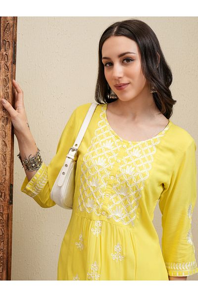 Vishudh By Styli Floral Embroidered Thread Work Straight Kurta & Palazzos Set