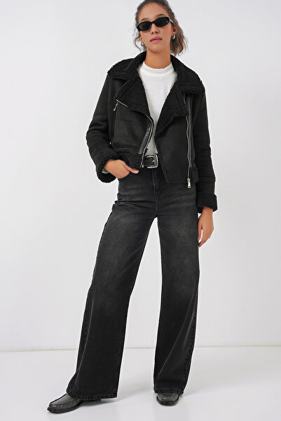 Bigdart 5155 Kožená bunda s dvojitým límcem z umělé kožešiny – černá