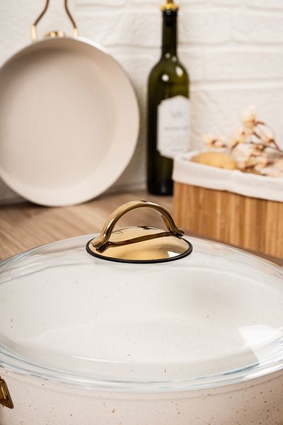 çarşıdayız 7 Pieces White Granite Cookware Set - Stylish and Durable Design with Metal Gold Handle