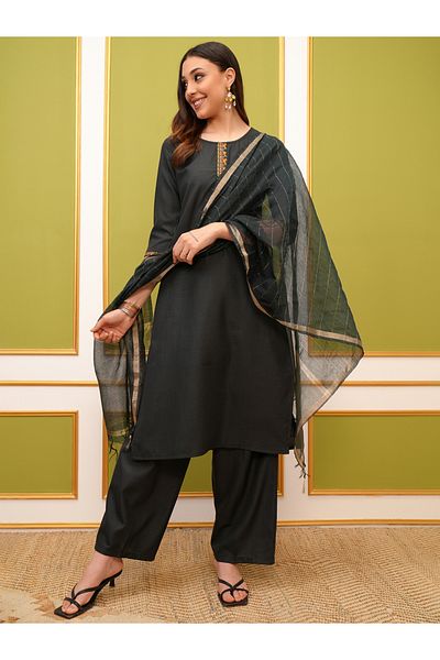 Vishudh By Styli Pack of 3 - Embroidered Thread Work Kurta, Palazzo & Dupatta