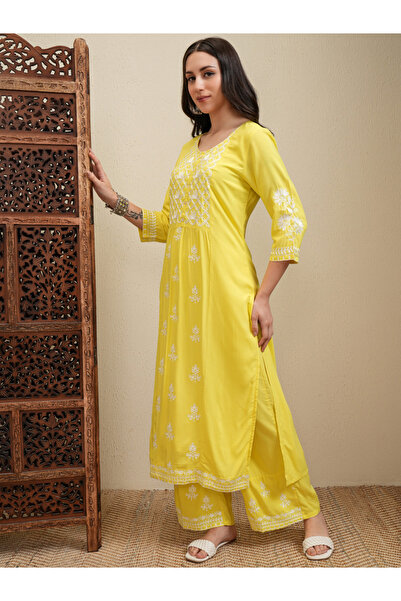 Vishudh By Styli Floral Embroidered Thread Work Straight Kurta & Palazzos Set