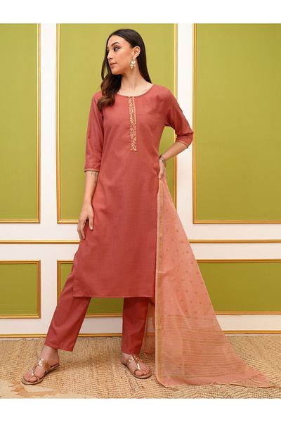 Vishudh By Styli Pack of 3 - Round Neck Embroidery Straight Kurta, Palazzos & Dupatta