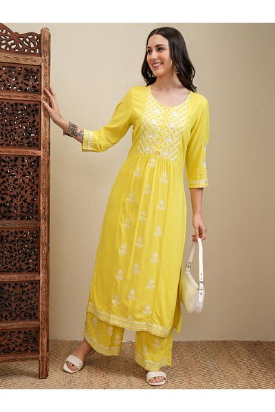 Vishudh By Styli Floral Embroidered Thread Work Straight Kurta & Palazzos Set