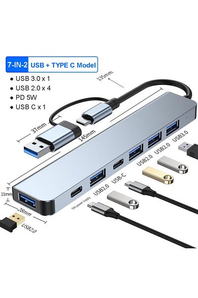 Choice 7 في 1 A مع موزع USB C وموزع USB 3.0، وموسع USB 7 في 1 من الألومنيوم، وموزع USB مع 1 × USB 3.0،