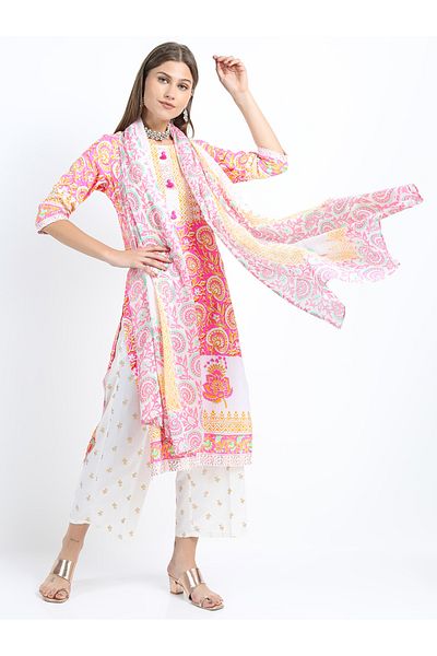 Vishudh By Styli Pack of 3 - Floral Print Kurta, Palazzo & Dupatta