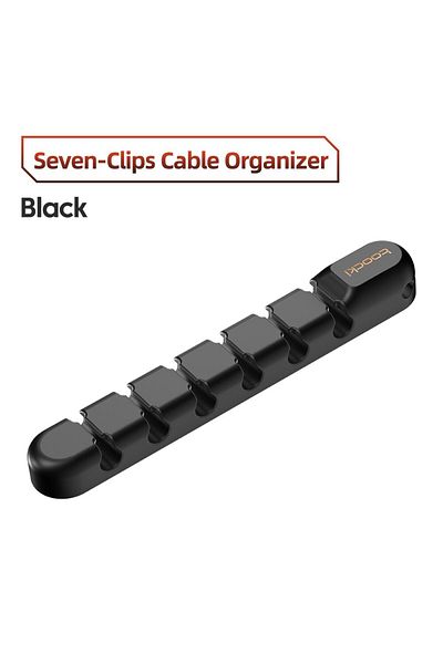 Choice منظم كابلات Toocki أسود بـ 7 منافذ، حامل سلكي بـ 7 فتحات، مشبك لف سطح المكتب بمنفذ USB مرن