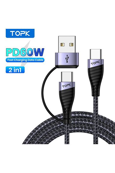 Choice Grey 2m Topk 60w 2 In 1 Usb Type C Cable Pd Fast Charging Data Cord For Xiaomi Samsung Realme Poco H