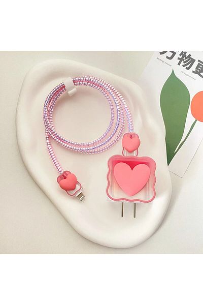 Choice Pink Charger Protector Cable Organiser For Iphone 14 13 Pro Max 18w 20w 3d Cartoon Love Heart Data C