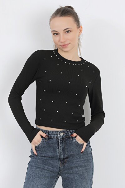 GİYSA Γυναικεία ελαστική μπλούζα με λαιμόκοψη με λεπτομέρεια από πέτρα και πέρλα - 5986