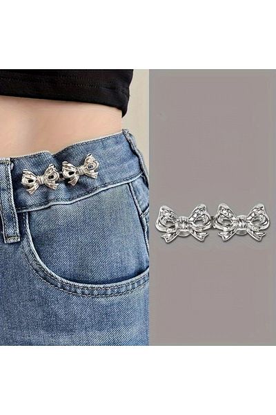 Choice Silvery 1 Pair Bow Waist Buckle, Detachable, Nail Free, Seam Free Waist Buckle, With A Large Waist C