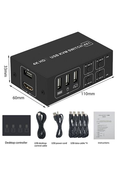 lieve مفتاح USB 4 منافذ HDMI KVM 4 في 1 مخرج 4K 60 هرتز مفتاح HDMI USB محدد مع وحدة تحكم سطح المكتب لـ 4