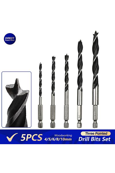 Choice Round 5pcs 1/4" 4/5/6/8/10mm Three Pointed Woodworking Drill Bit Set Round / Hexagonal Handle Woodwo