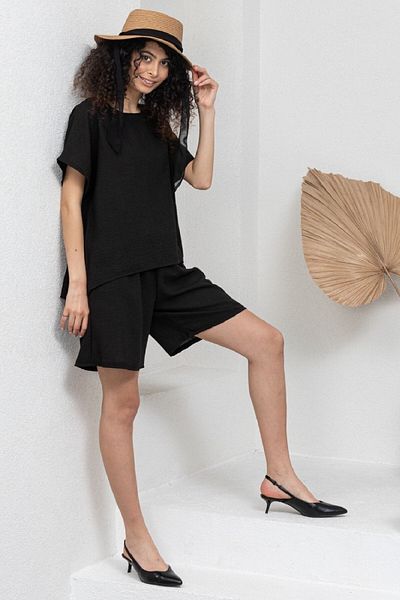 KÜÇÜĞÜM BUTİK Set de 2 bluze și pantaloni scurți cu mânecă scurtă din bumbac negru (BLUZ-SORTS)