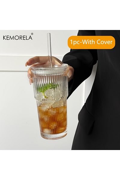 Choice 601-700ml With Cover 600ml Stripe Glass Coffee Cup With Lid And Without Cover Straw Transparent Drin