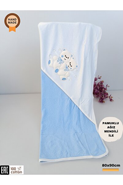 Tomuycuk Blue Embroidered Teddy Bear Baby Cover - 100% Cotton, 80X90 Cm, Seasonal Blanket