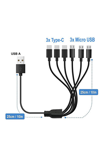 Choice كابل موزع 6 في 1 من نوع Micro USB/Type C من A إلى 6 في 1 (50 سم) كابل ...