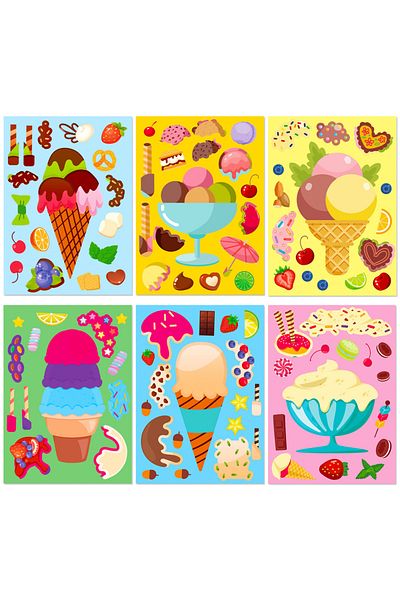 Choice 6pcs Ice Cream Dessert DIY Cute Food Cartoon Puzzle Sticker Creative Sweet Face Changing Stickers...