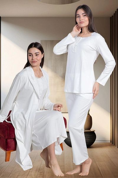 Mecit Pijama Λεπτομερές γυναικείο φόρεμα Guipure Plus Size + Πυτζάμες + Νυχτικό Σετ 4 μακρυμάνικο 75% βαμβάκι 25% βισκόζη