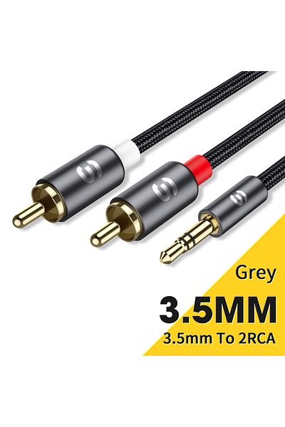 Choice كابل صوت Essager RCA رمادي بطول 1 متر، كابل ستيريو 3.5 مم إلى 2RCA، مقبس AUX RCA، موزع Y، من الذكور إلى الإناث