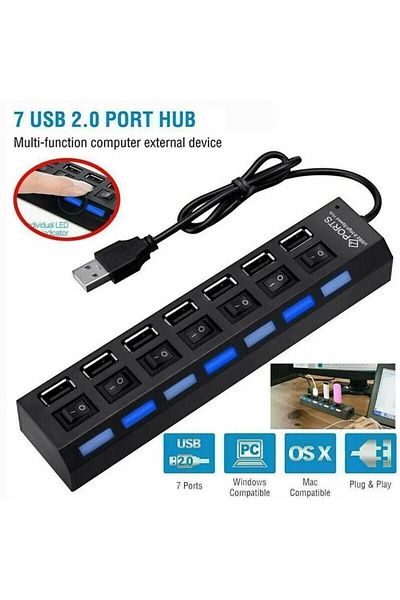 Choice موزع USB مزود بـ 7 منافذ ومحول USB Hub 2.0 عالي السرعة ومتعدد المنافذ وموزع USB قابل للتشغيل والإيقاف ومحمول