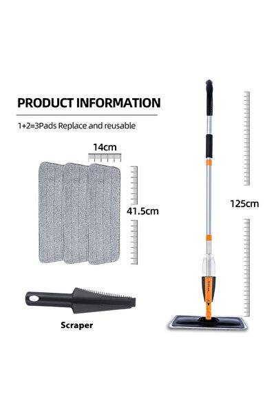 Choice وسادات سوداء × 3 ممسحة أرضية بخاخة من داريس مع وسادات من الألياف الدقيقة قابلة لإعادة الاستخدام ومقبض طويل بطول 120 سم وممسحة مسطحة للمنزل