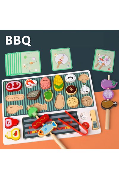 Choice Children Wooden BBQ Grill Toy Set Simulation Kitchen Toys Montessori Food Barbecue Cooking Experi...