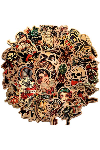 Choice 100pcs 100pcs Retro Old School Tattoo Style Sticker Refrigerator Skateboard Trolley Case Decals Bac