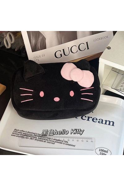 Choice Black Kt Pencil Case New Hello Kitty Plush Storage Bag Sanrio Makeup Bag Pencil Case Cartoon Student