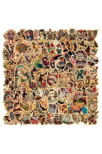Choice 100pcs 100pcs Retro Old School Tattoo Style Sticker Refrigerator Skateboard Trolley Case Decals Bac