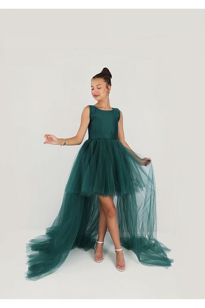 HSNLİFE Girl Child Emerald Green Front Short Back Long Dress Special Occasion Birthday Graduation Prom Party Dress