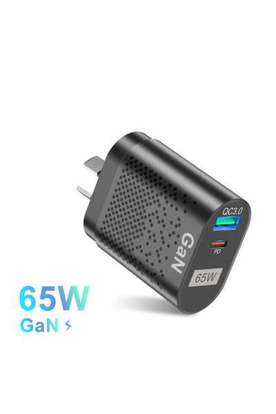 Choice شاحن Gan أسود من Uslion بقوة 65 وات بمقابس USB C وPD وKr وشاحن Gan للشحن السريع وشاحن الهاتف