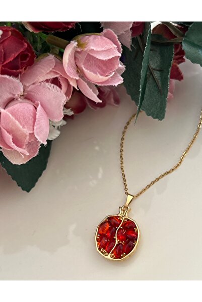 tones official Çelik Zincirli Bolluk/ Bereket Temalı Kırmızı Nar Kolye