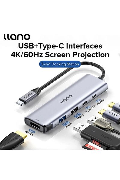 Choice موزع USB-C 5 في 1 من Llano باللون الرمادي، محطة إرساء لأجهزة الكمبيوتر المحمولة، موزع USB3.0 بدقة 4k60hz، واجهة HDMI متعددة، Pd