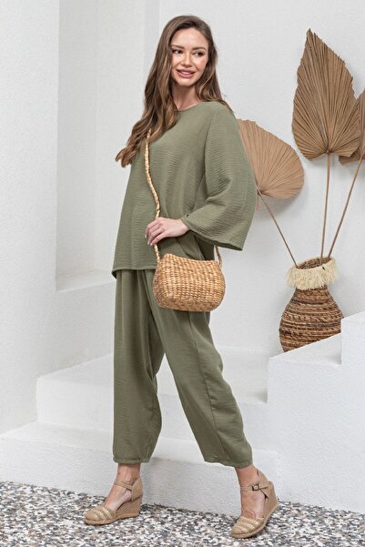 KÜÇÜĞÜM BUTİK Green Cotton Muslin Long Sleeve Blouse and Loose Trousers Set