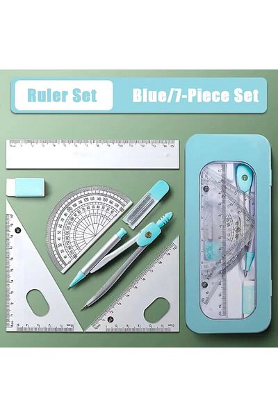 Choice Blue 7-piece Compass And Ruler Set Student Ruler Set Cute Rriangle Ruler Set Exam Specific Ruler Box