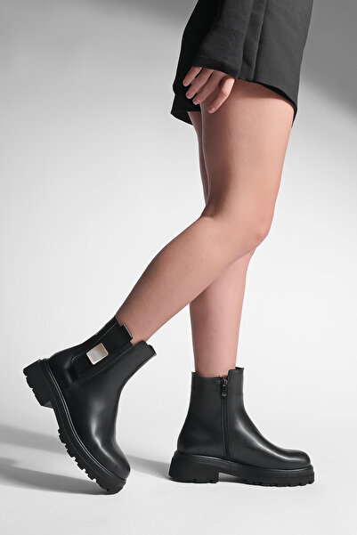 Marjin Kadın Kalın Taban Tokalı Fermuarlı Günlük Bot Bovertun Siyah