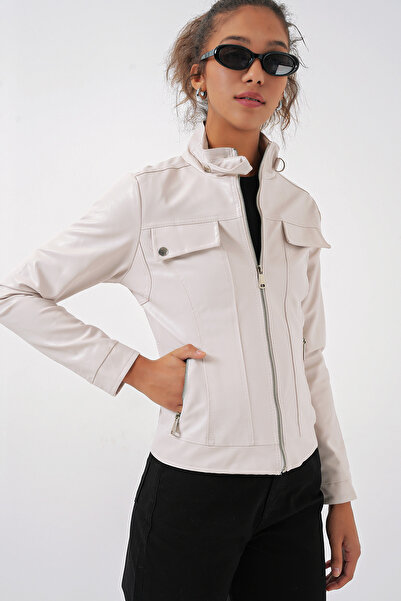 Bigdart 1024 Stand Collar Leather Coat - Ecru